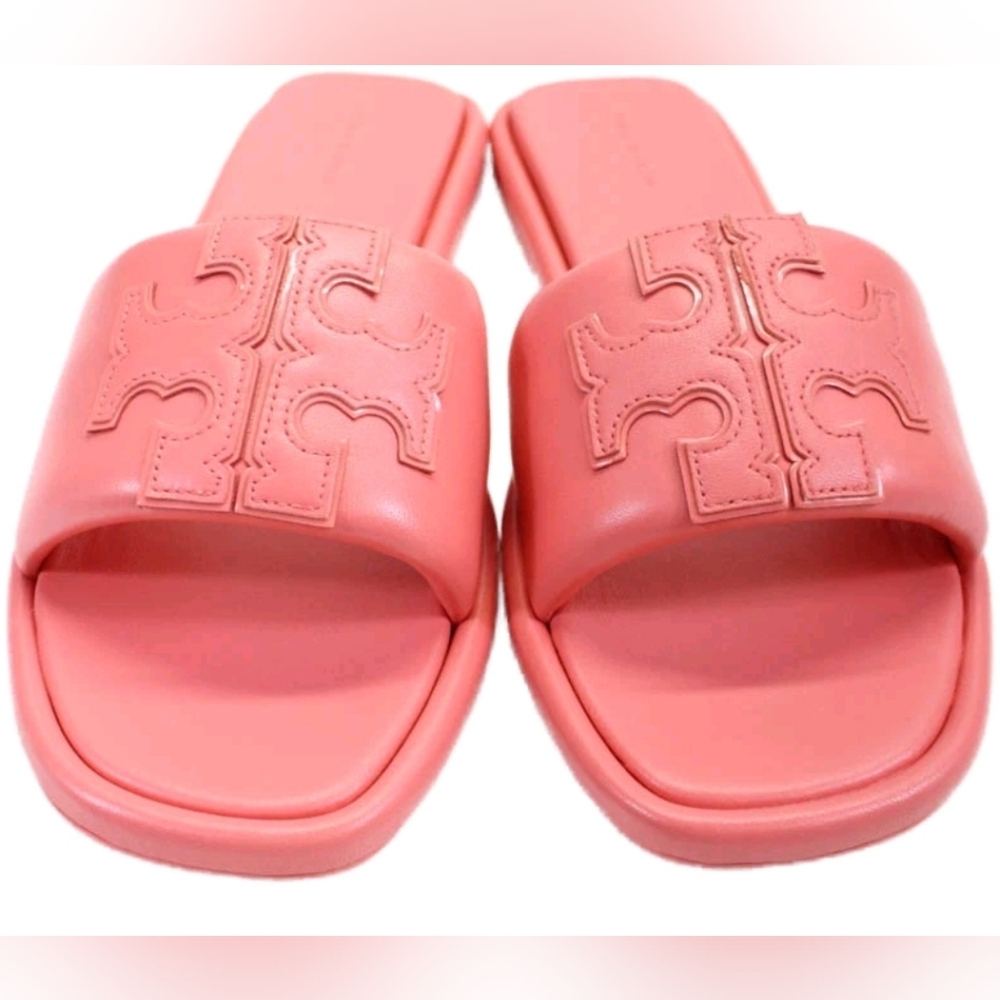 NEW Tory Burch Leather Slip On Double T Sport Slide Sandals Pink Coral 10.5 - Picture 2 of 7